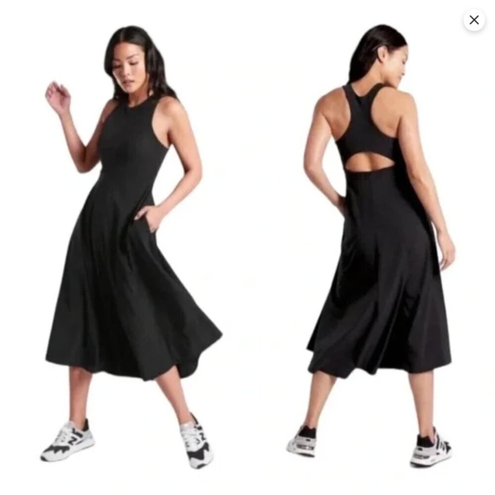 NWT Athleta Winona Midi Support Dress Women's XLT Black Fit & Flare Athletic - Picture 1 of 16
